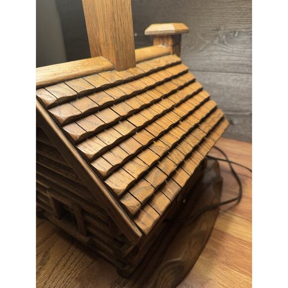 Amish Log Cabin Table Lamp Solid Oak SIGNED & DATED Handmade  Amish Solid Oak Log Cabin Lamp Lancaster Co. PA Handmade Night Light & Shade